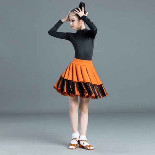Children Black with red  latin dance costumes girls Long-sleeved latin dance dresses kids Latin dance skirts